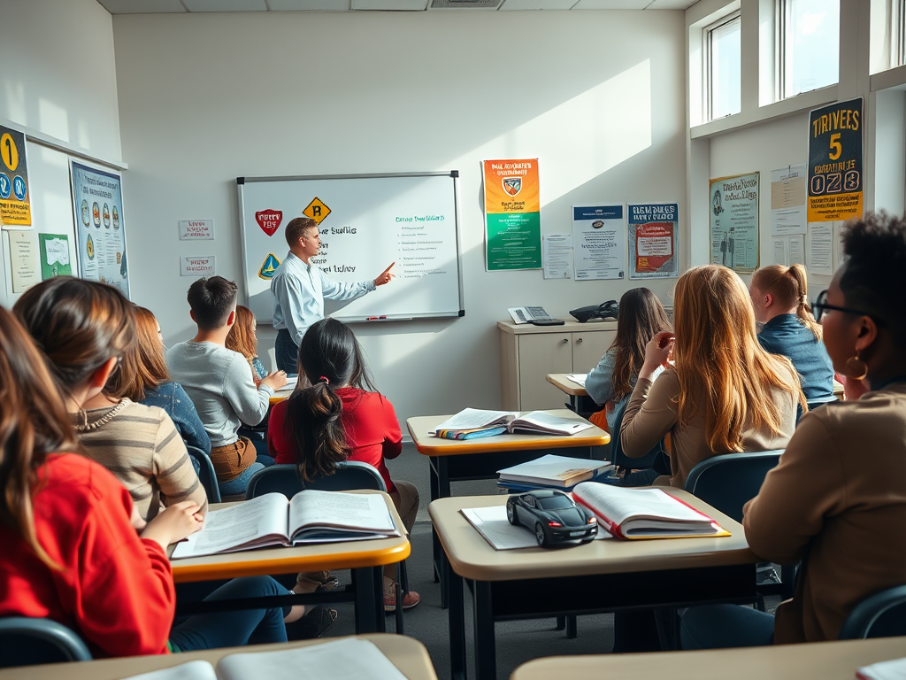 Create a realistic image of a diverse group of teenage students sitting in a classroom, focused on a driver's education lesson. A white male instructor points to a whiteboard displaying traffic signs and rules. On student desks, there are open textbooks, notebooks, and a model car. The classroom has posters about road safety and Pennsylvania driving laws. Natural light streams through windows, creating a bright, attentive atmosphere.