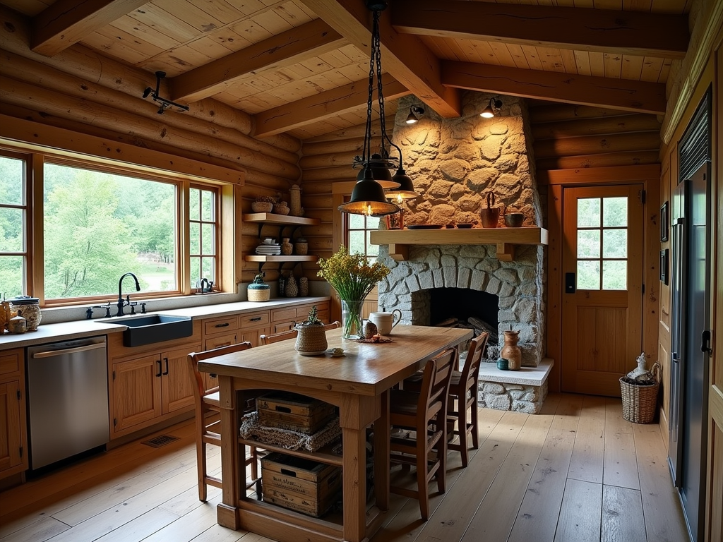 Charming Rustic Cabin Kitchen Ideas with Stone Fireplaces