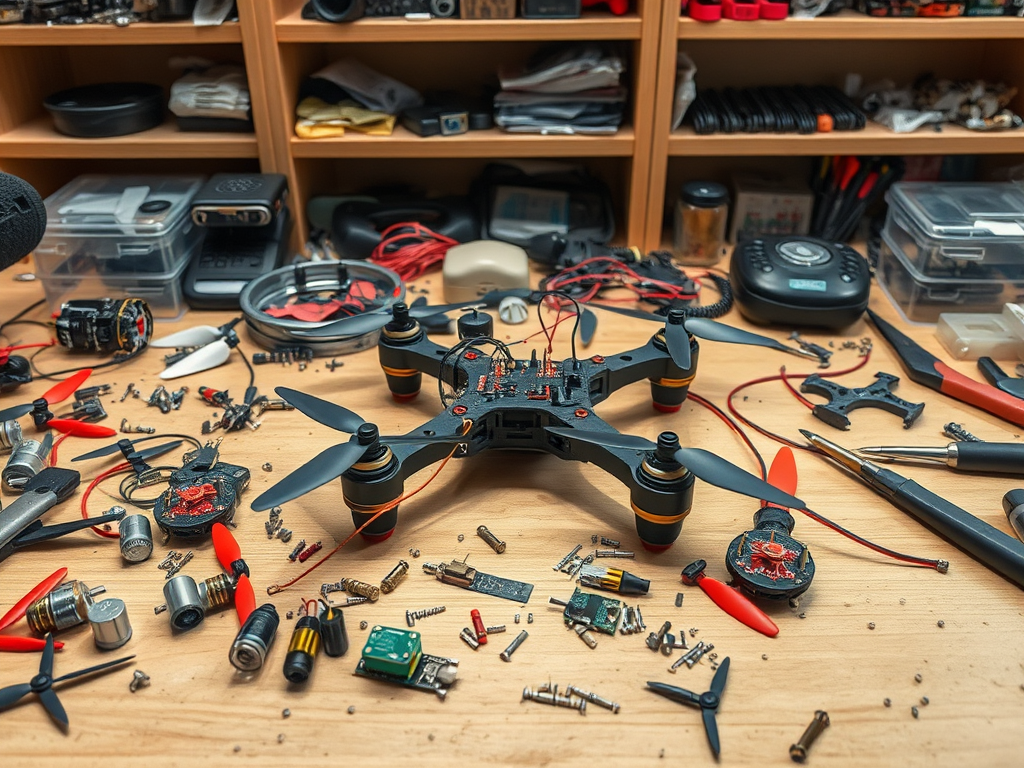 Create a realistic image of a cluttered workbench with various drone-building materials scattered across it, including small motors, propellers, circuit boards, wires, screws, and a soldering iron. A partially assembled DIY drone frame sits in the center, surrounded by tools like pliers and screwdrivers. The background shows shelves stocked with spare parts and accessories.