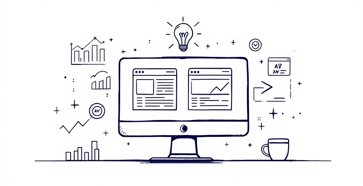 Minimalistic sketch of a monitor showing A/B testing in SaaS marketing.