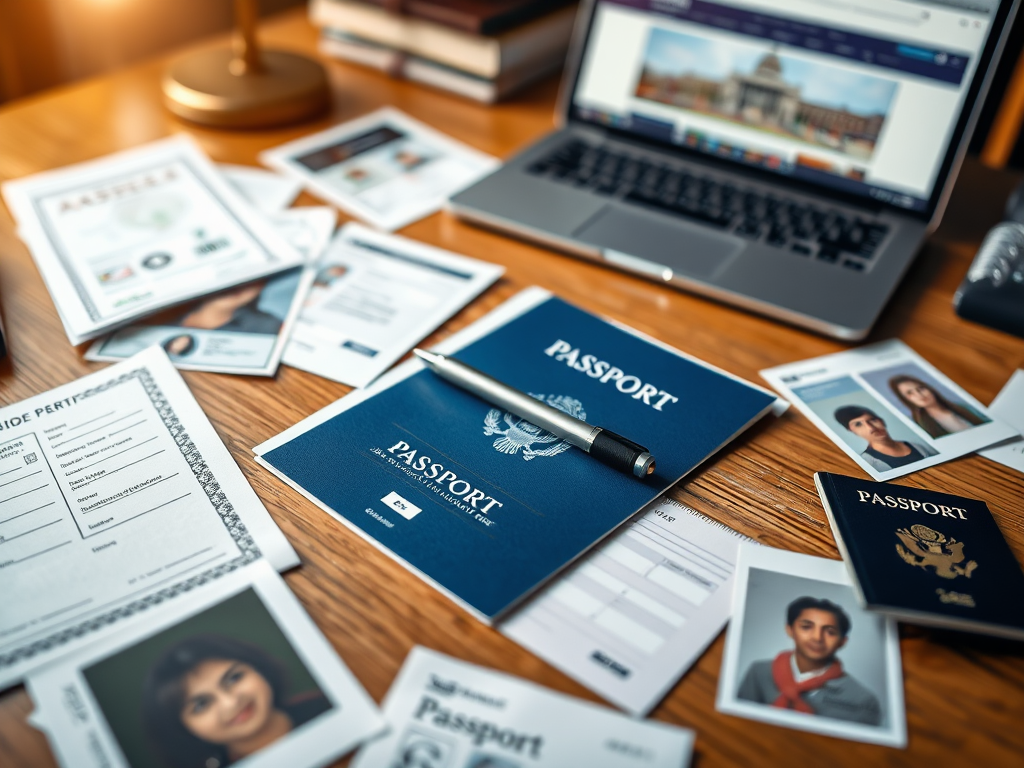 Create a realistic image of a wooden desk with scattered passport application documents, including a birth certificate, driver's license, and passport photos. A blue passport application form is in the center, with a pen resting on top. A laptop displaying a government website is visible in the background. Warm, soft lighting illuminates the scene, creating a productive and organized atmosphere.