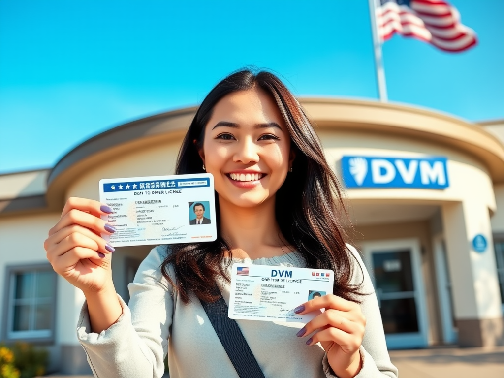 Create a realistic image of a smiling Asian woman in her 30s holding a new US driver's license in one hand and her old foreign license in the other, standing in front of a Department of Motor Vehicles (DMV) building with an American flag visible, sunny day with clear blue sky in the background.