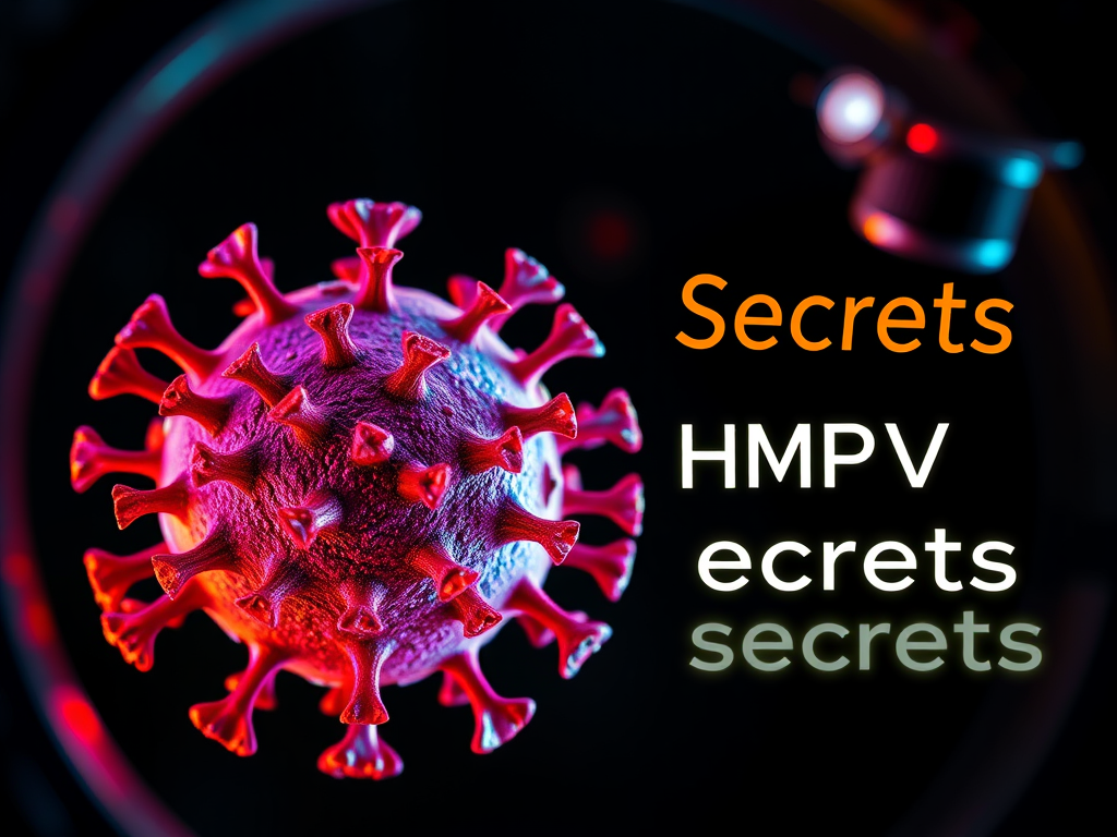 Create a realistic image of a microscopic view of the HMPV virus, showing its distinctive spike proteins in vibrant colors against a dark background, with a partially visible lab microscope lens in the corner, and floating holographic text displaying "HMPV Secrets" nearby.