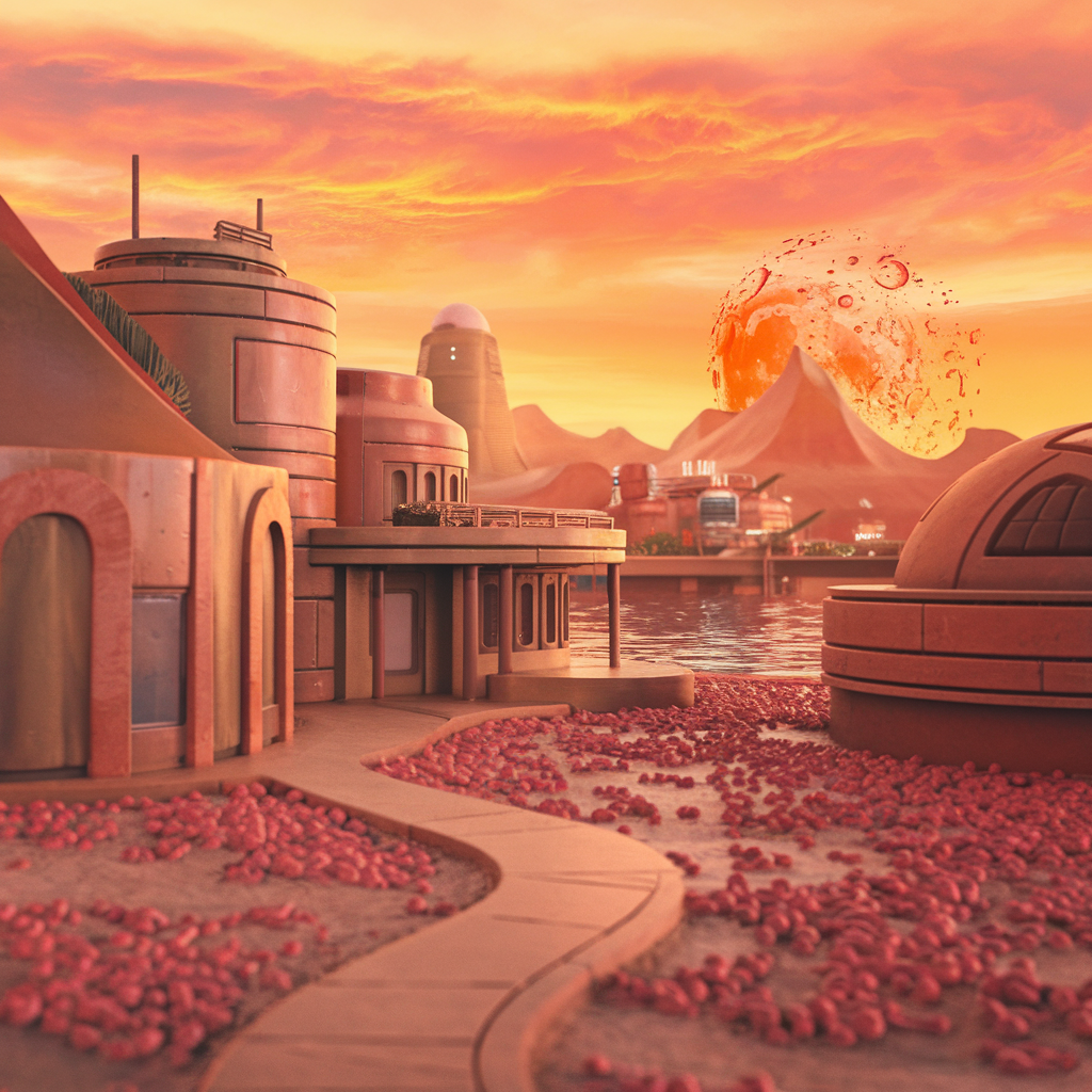 A colorful, soft-focus cityscape on a terraformed Martian colony with a disintegrating moon in the sky, set against a backdrop of water, under natural daylight, in the style of Louis Wain's plastic arts.