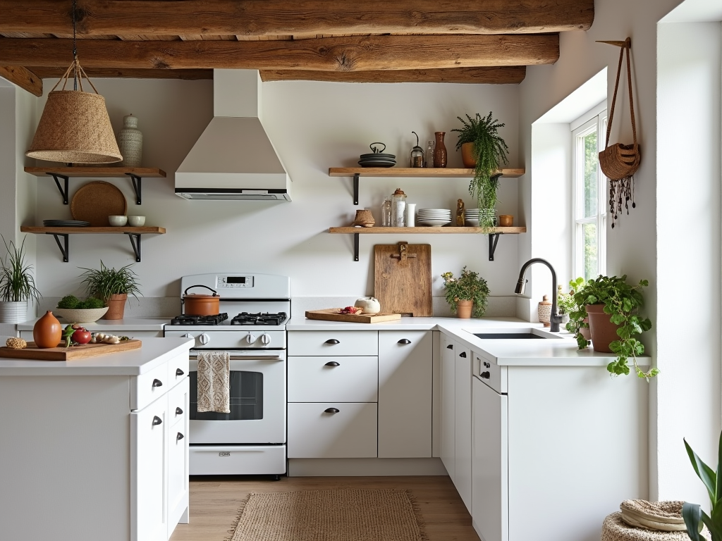 Bohemian Bliss: Rustic Wood Beams in a Modern White Kitchen