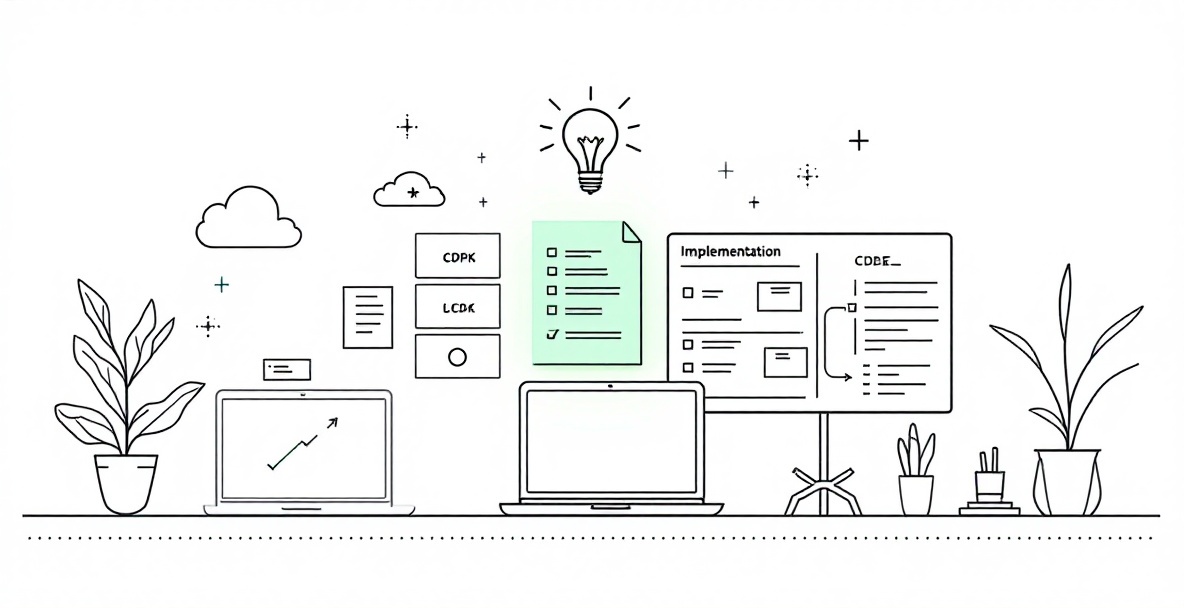 Minimalist line drawing showing implementation best practices with laptop, kanban board, and checklist in an organized workspace